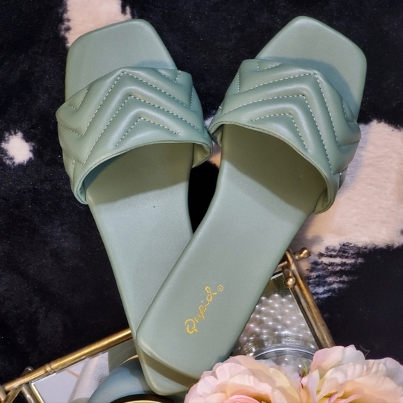 Shoes - Qupid Quilted Seafoam blue/Sage, Vegan Leather, Flat Flip Flop Sandals, Size 8.5